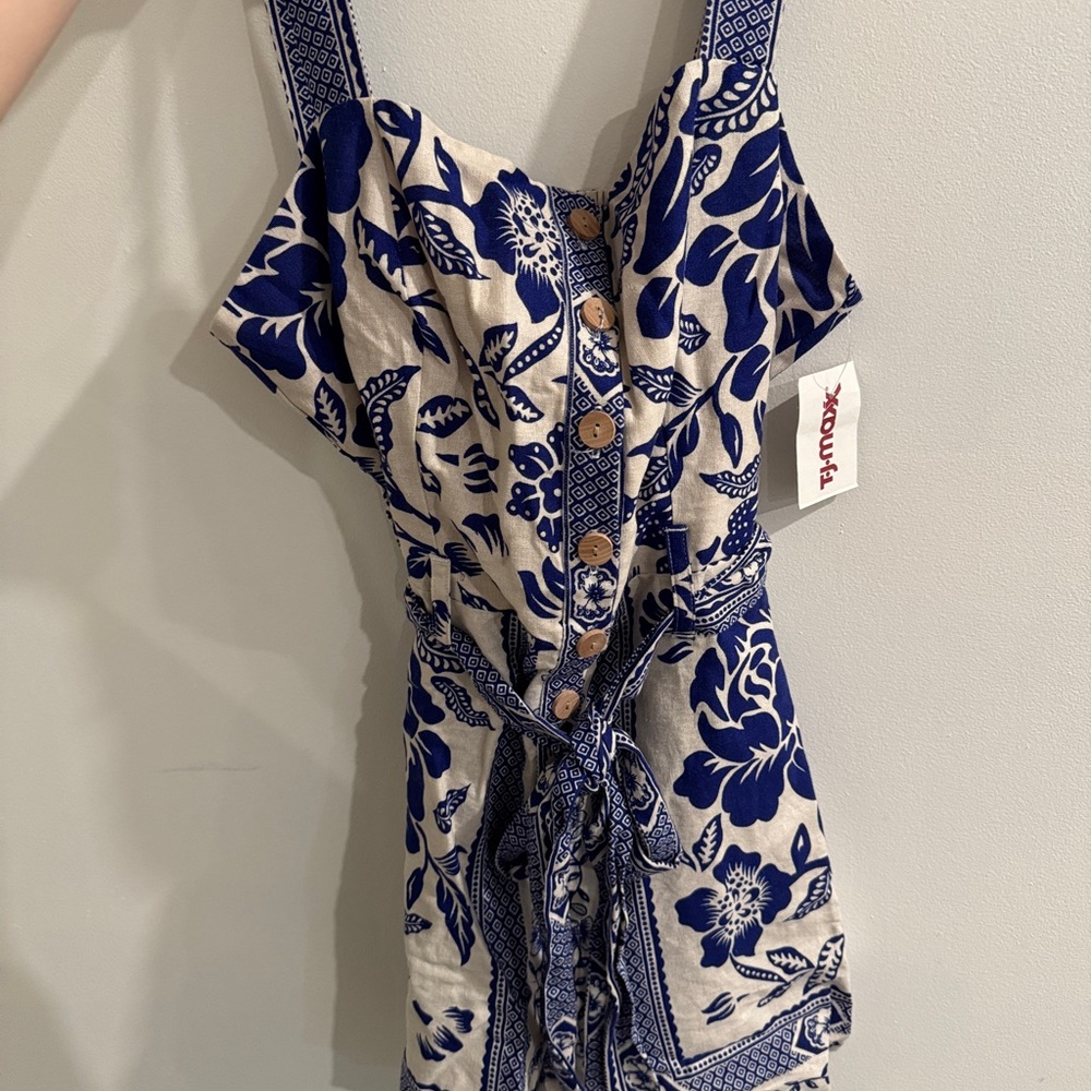 Blue and White Floral Button-Down ROMPER